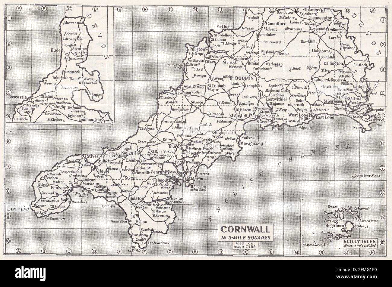 Carte ancienne de Cornwall, Royaume-Uni des années 1930 Banque D'Images