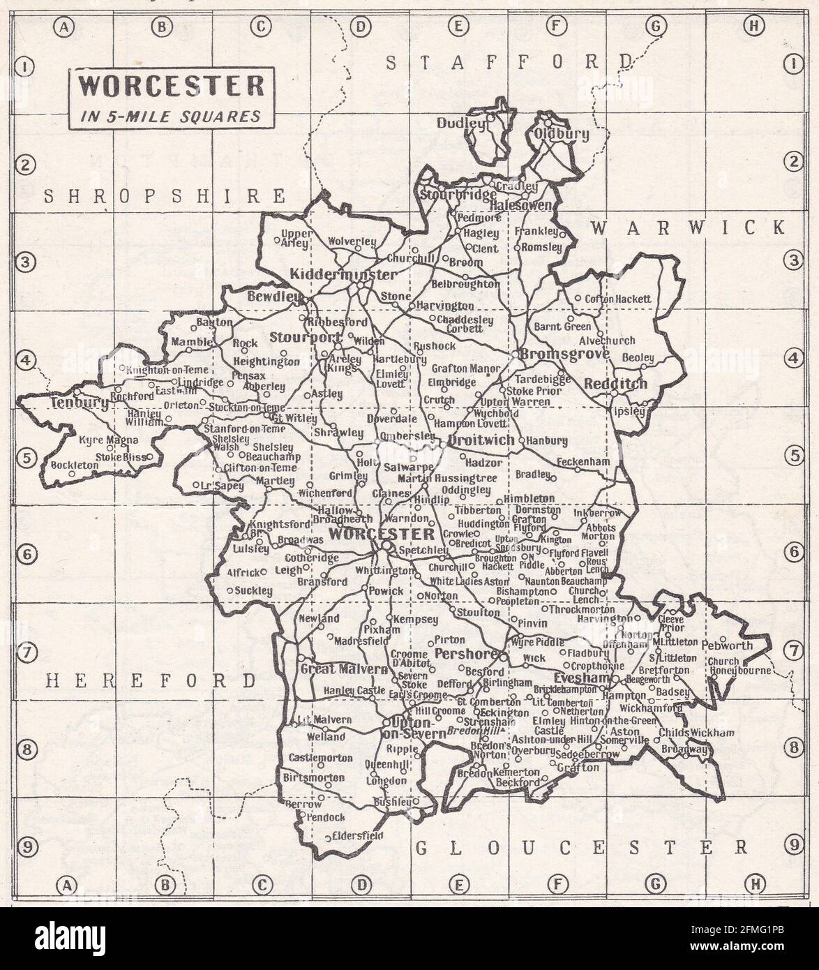 Carte ancienne de Worcester, Royaume-Uni des années 1930 Banque D'Images