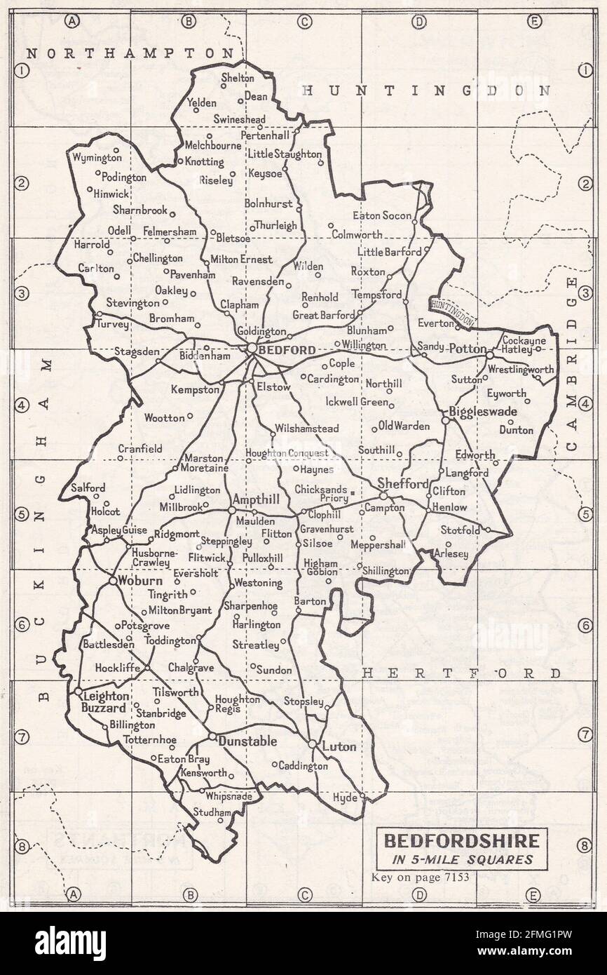 Carte vintage de Bedfordshire, Royaume-Uni des années 1930. Banque D'Images