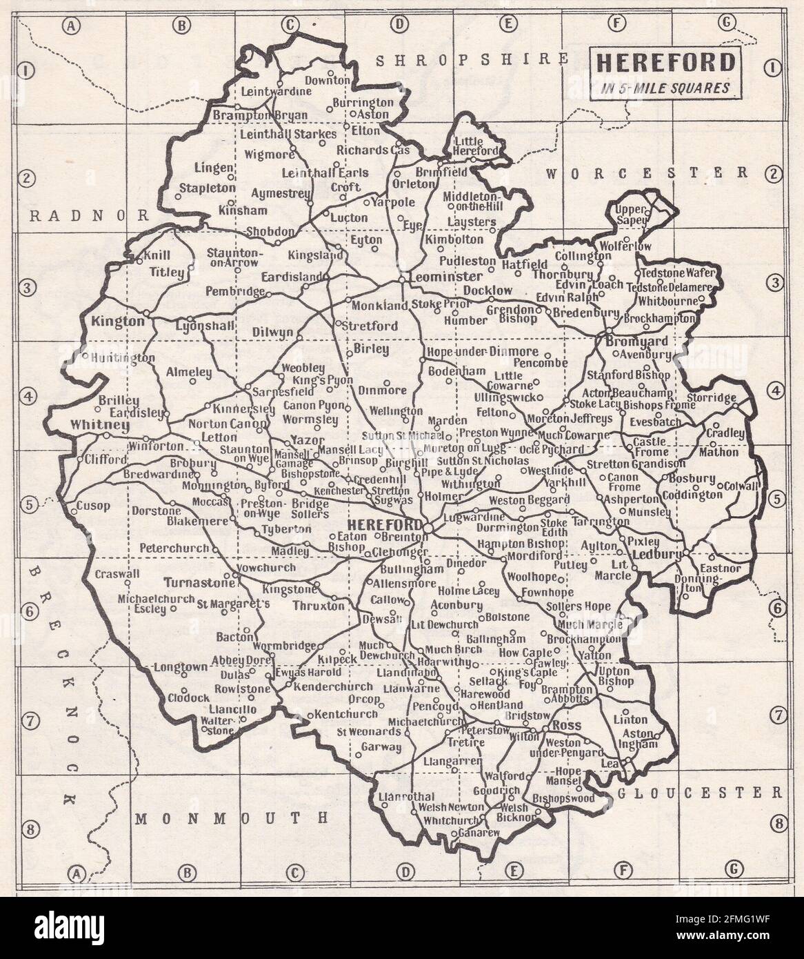 Carte ancienne de Hereford, Royaume-Uni des années 1930 Banque D'Images