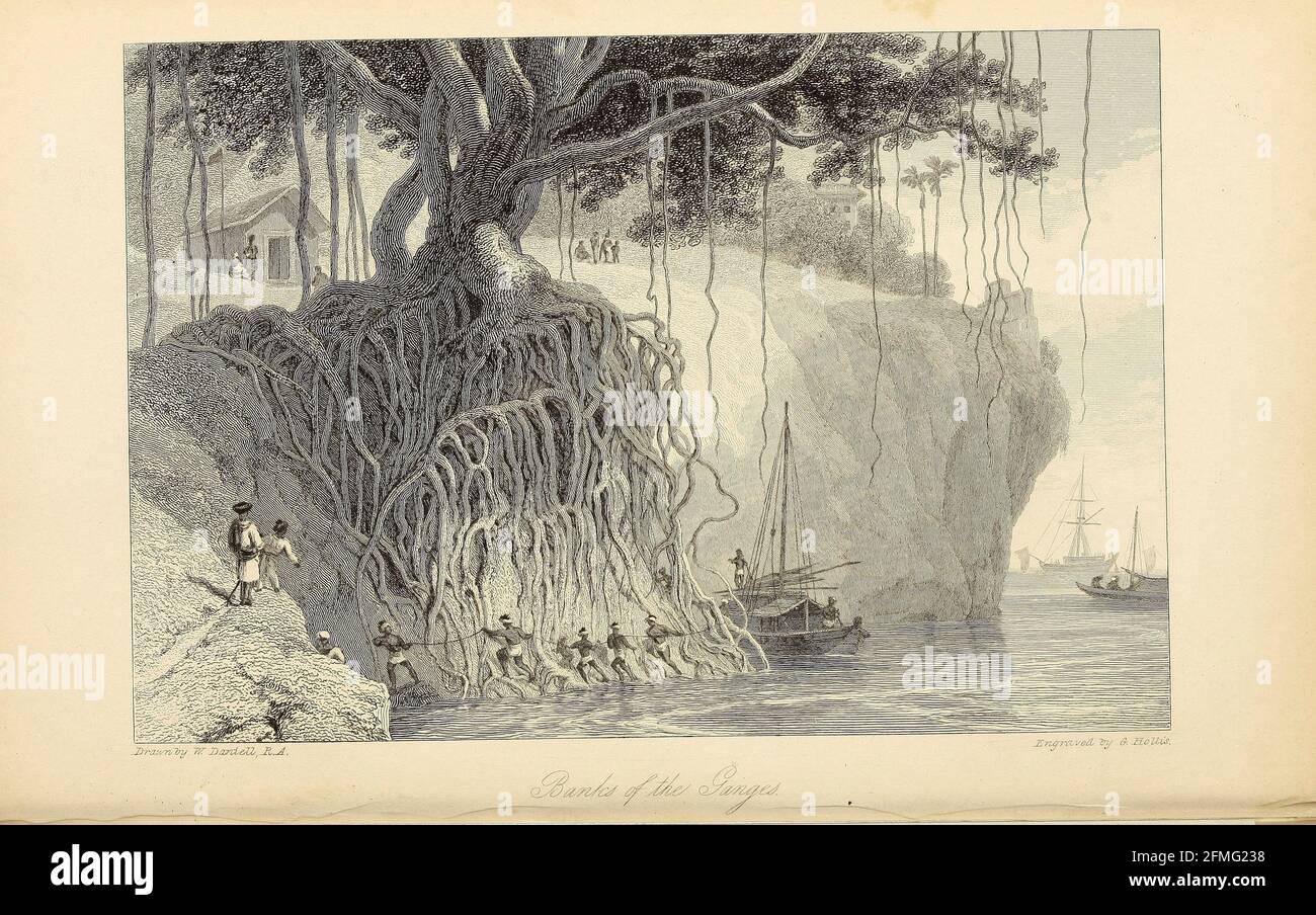 Les rives du fleuve Ganges d'après le livre « The Oriental Annual, or, Scenes in India » du rév. Hobart Caunter publié par Edward Bull, Londres 1834 gravures de dessins de William Daniell Banque D'Images