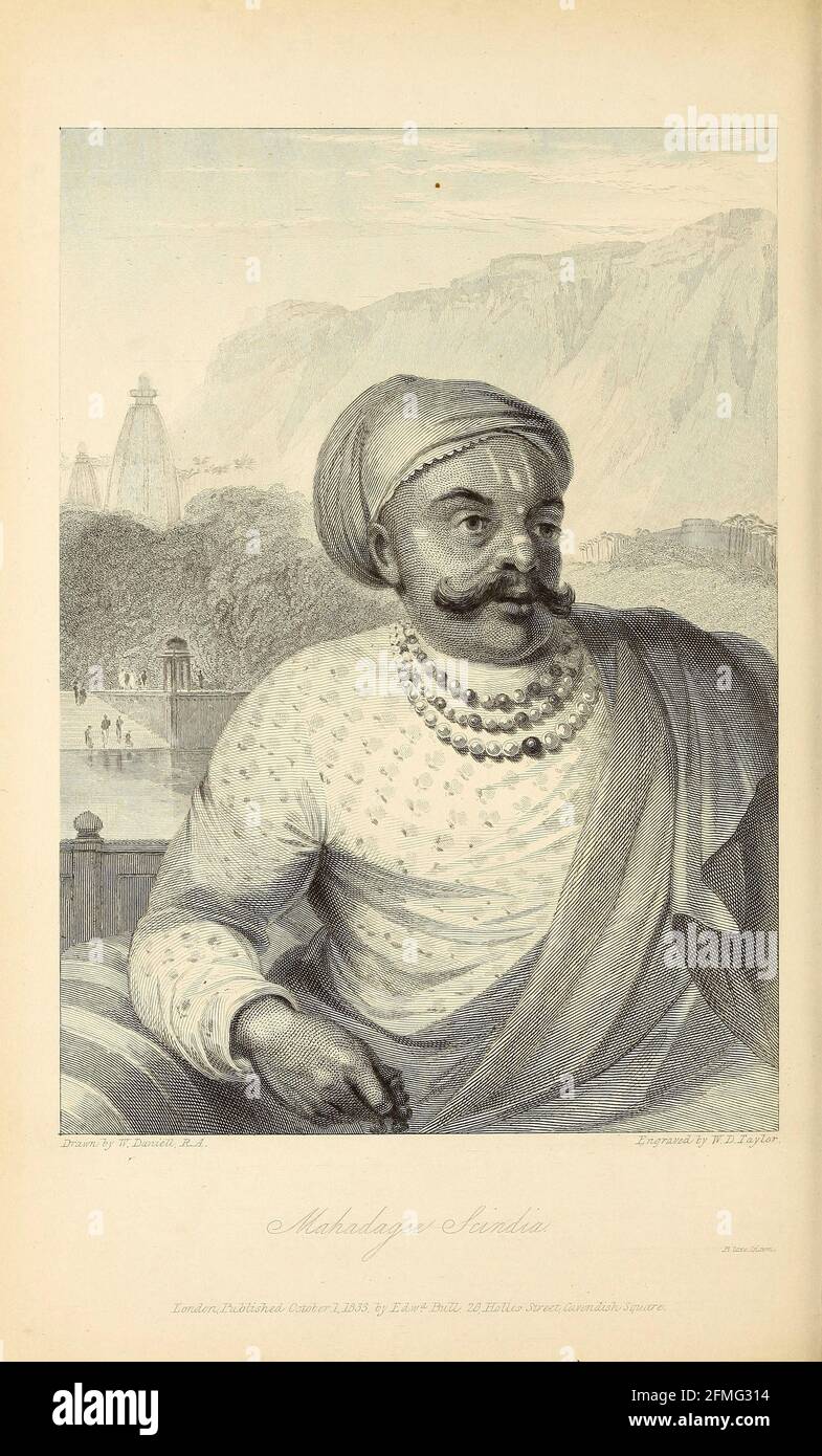Mahadagee Scindia [Mahadaji Shinde (n.1730 – 12 février 1794) a aussi été orthographié comme Mahadji Scindia était un homme d'État et un dirigeant de Maratha d'Ujjain en Inde centrale. Il était le cinquième et le plus jeune fils de Ranoji Rao Scindia, le fondateur de la dynastie Scindia]. D'après le livre « The Oriental Annual, or, Scenes in India » du rév. Hobart Caunter publié par Edward Bull, Londres 1834 gravures de dessins de William Daniell Banque D'Images