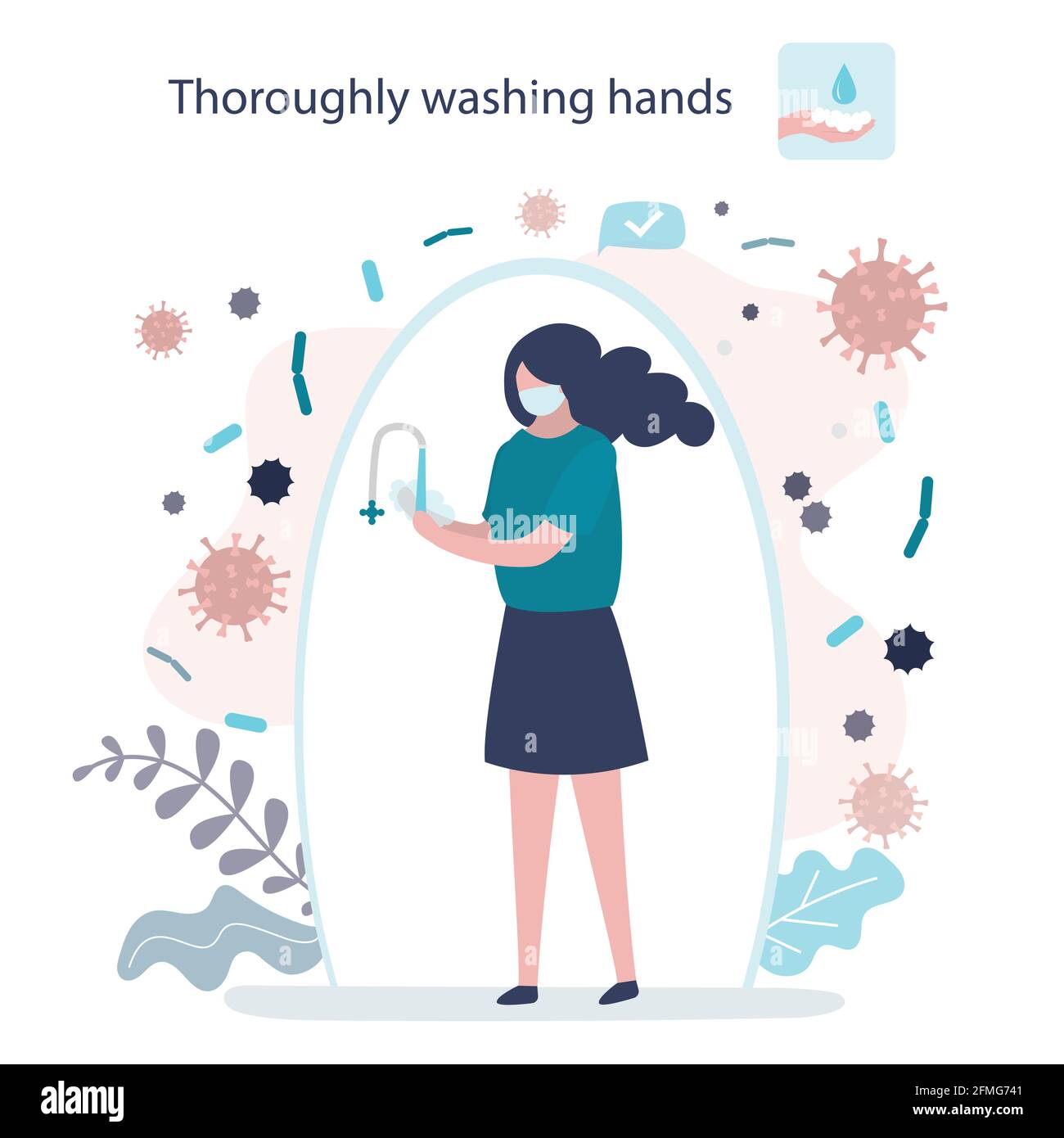 La femme se lave les mains soigneusement avec du savon. Le caractère féminin est protégé contre le coronavirus et les maladies. Désinfection et protection contre les virus et Illustration de Vecteur