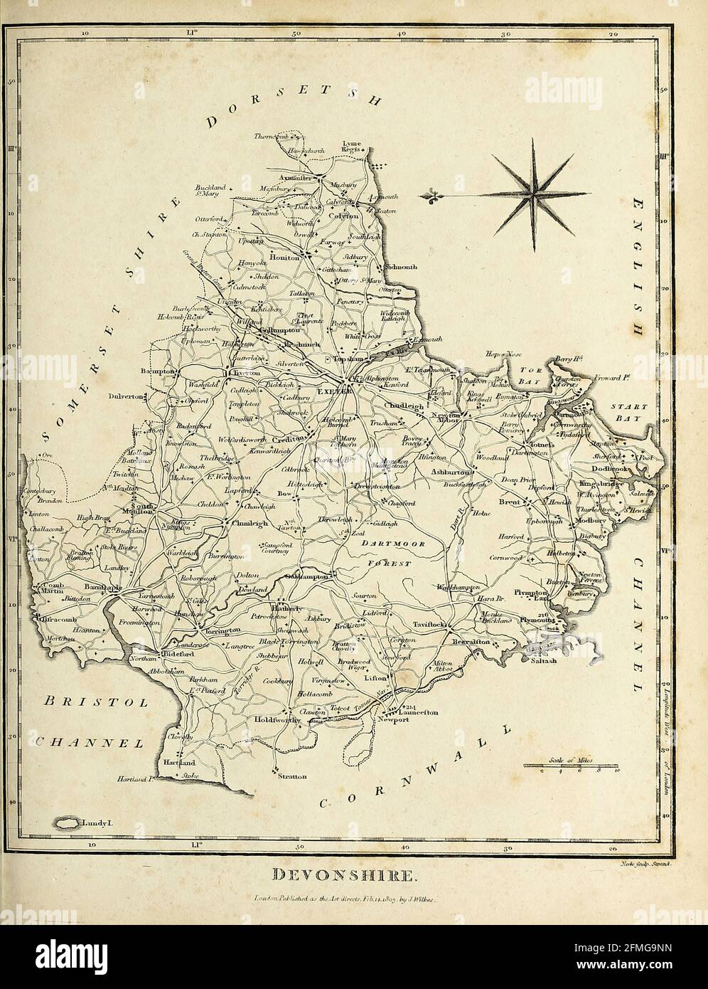 Devon (également connu sous le nom de Devonshire) est un comté d'Angleterre, allant du canal de Bristol au nord jusqu'au canal anglais au sud. Elle fait partie du sud-ouest de l'Angleterre, délimitée par Cornwall à l'ouest, Somerset au nord-est et Dorset à l'est. La ville d'Exeter est la ville du comté. Le comté comprend les districts d'East Devon, Mid Devon, North Devon, South Hams, Teignbridge, Torridge et West Devon. Plymouth et Torbay font partie du Devon, mais sont administrées en tant qu'autorités unitaires.[gravure de Copperplate de l'Encyclopedia Londinensis or, Universal dict Banque D'Images