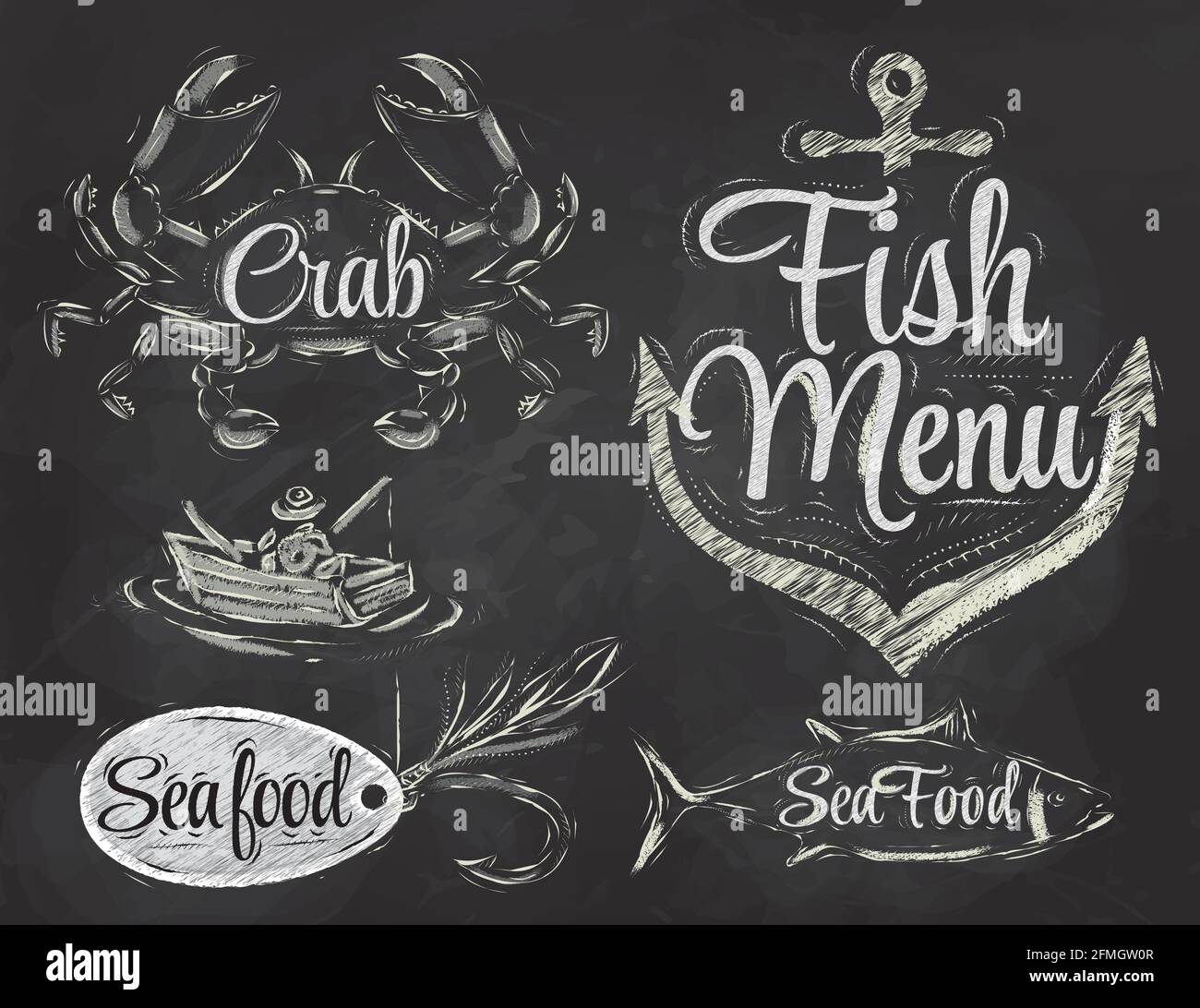 Ensemble de fruits de mer et menu de poisson avec pêcheur de crabe et poisson et ancre appâtés crochet et stylisé pour le dessin avec de la craie sur le tableau noir Illustration de Vecteur