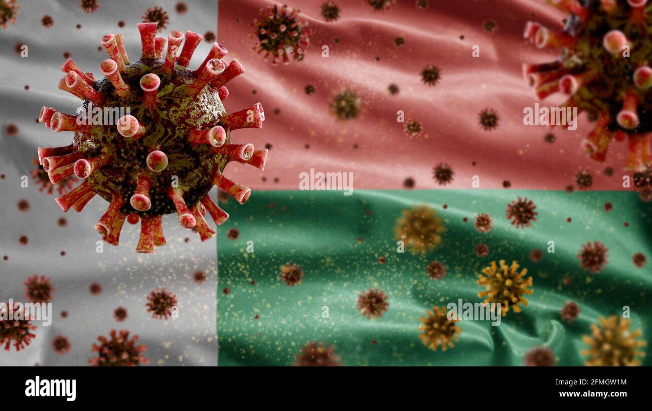 3D, coronavirus de la grippe flottant sur le drapeau malgache, un pathogène qui attaque les voies respiratoires. Madagascar bannière agitant avec la pandémie de Covid19 viru Banque D'Images