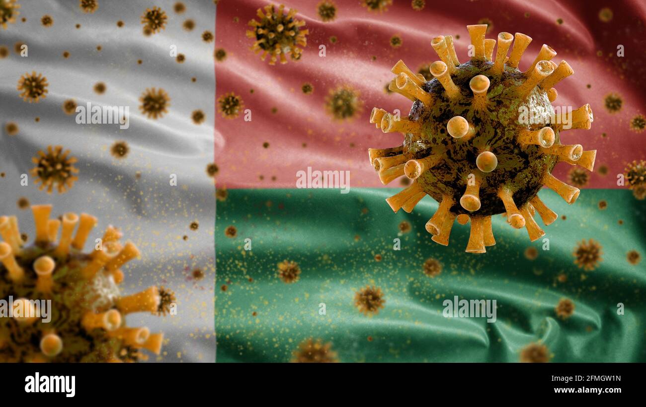 3D, drapeau malgache agitant avec une épidémie de coronavirus infectant le système respiratoire comme une grippe dangereuse. Type de grippe virus Covid 19 avec Madagascar national Banque D'Images