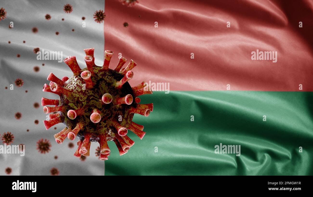 3D, drapeau malgache et coronavirus 2019 nCov concept. Épidémie asiatique à Madagascar, coronavirus influenza comme cas dangereux de souche de grippe comme p Banque D'Images