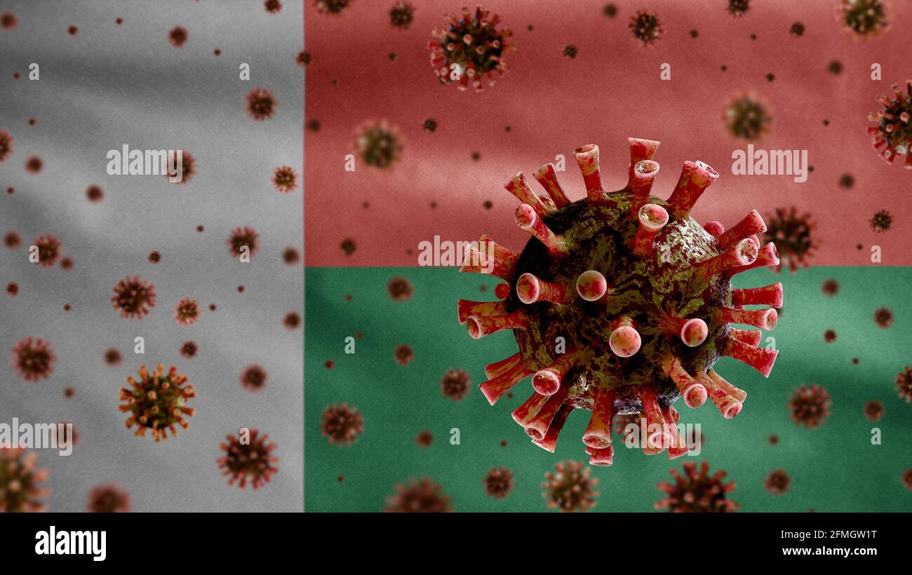 3D, coronavirus de la grippe flottant sur le drapeau malgache, un pathogène qui attaque les voies respiratoires. Madagascar bannière agitant avec la pandémie de Covid19 viru Banque D'Images