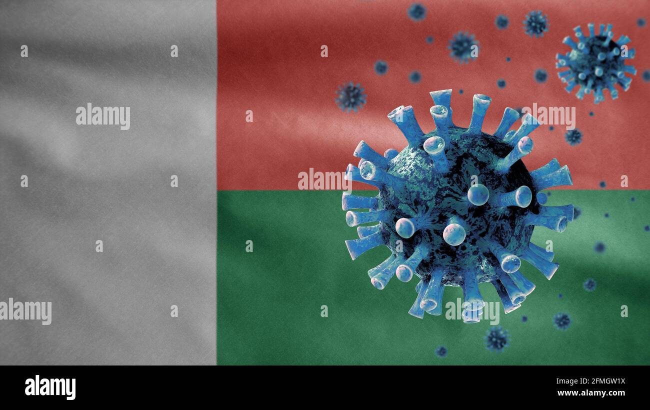 3D, drapeau malgache agitant avec une épidémie de coronavirus infectant le système respiratoire comme une grippe dangereuse. Type de grippe virus Covid 19 avec Madagascar national Banque D'Images