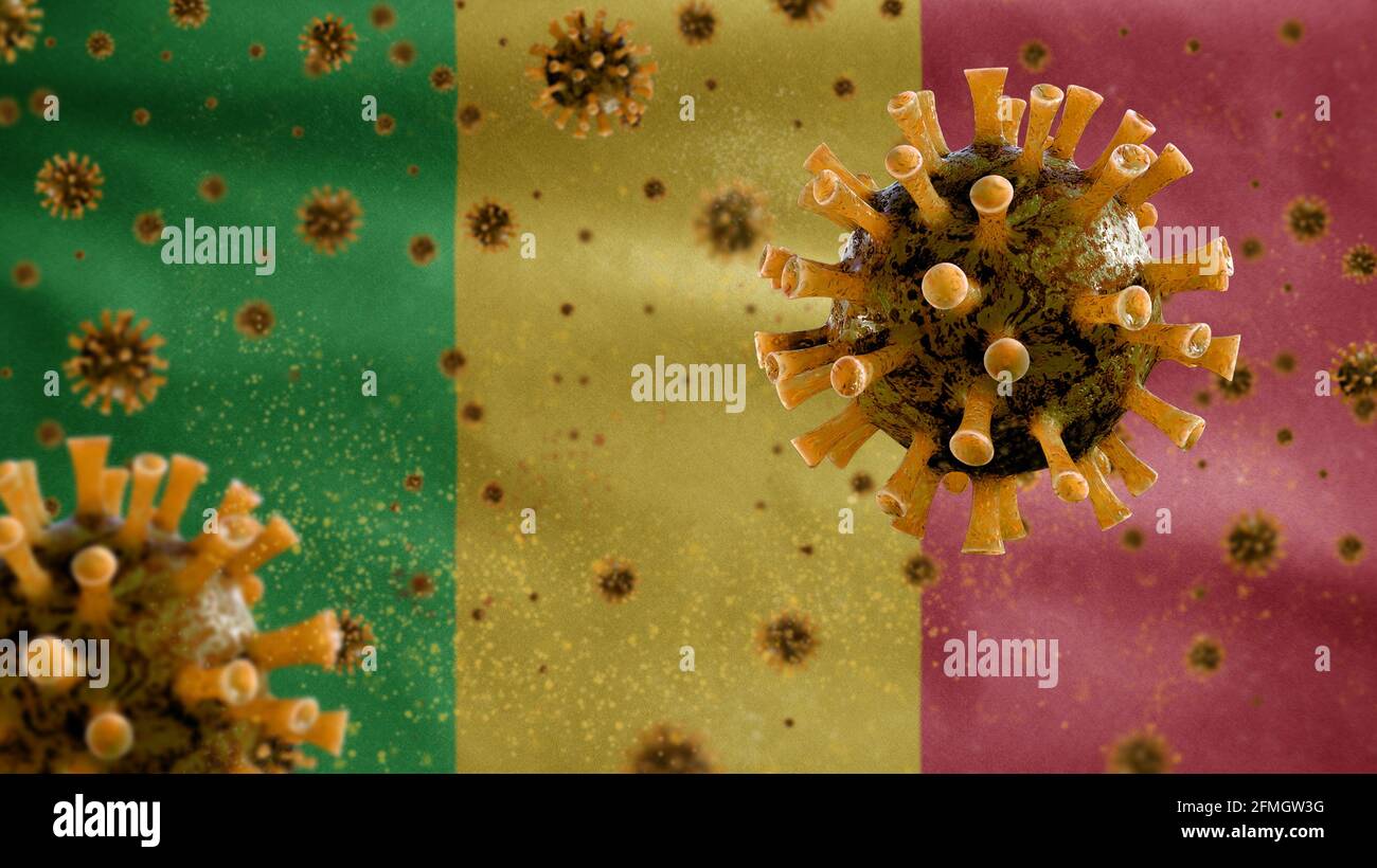 3D, drapeau malien agitant avec une épidémie de coronavirus infectant le système respiratoire comme une grippe dangereuse. Type de grippe virus Covid 19 avec national Mali banne Banque D'Images