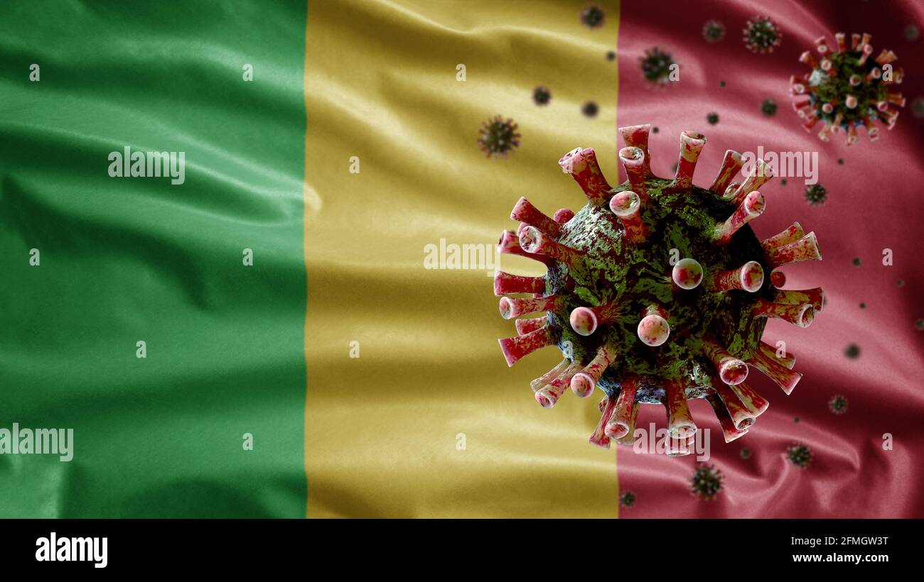 3D, drapeau malien agitant avec une épidémie de coronavirus infectant le système respiratoire comme une grippe dangereuse. Type de grippe virus Covid 19 avec national Mali banne Banque D'Images