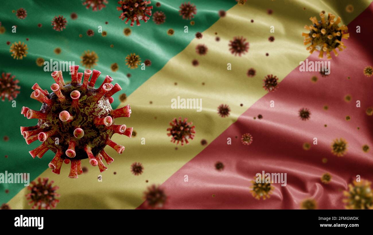 3D, le coronavirus de la grippe flotte sur le drapeau congolais, un pathogène qui attaque les voies respiratoires. Bannière de la République du Congo agitant avec la pandémie de Covi Banque D'Images