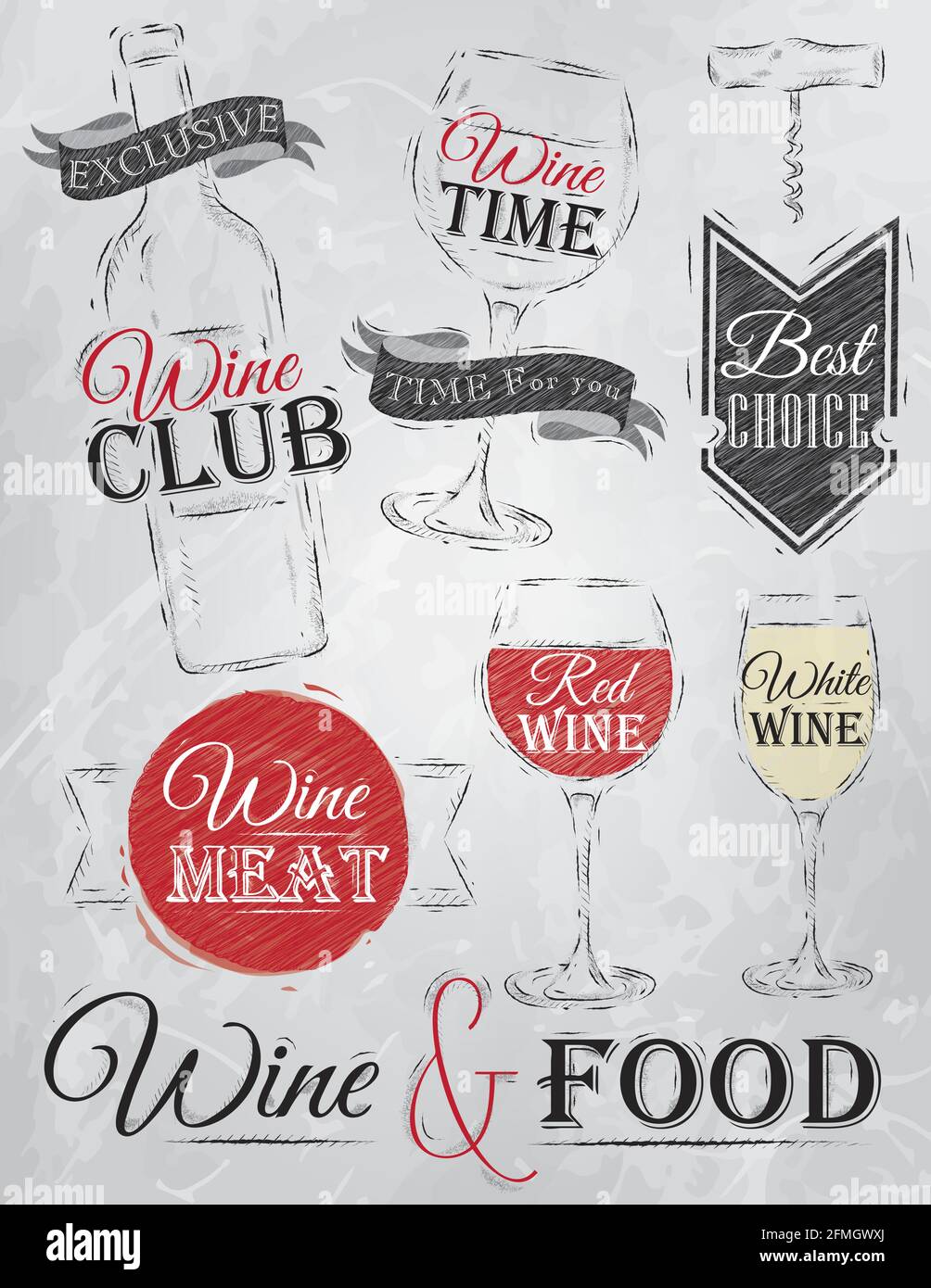 Collection de vins, club de vins, rouge de vin, blanc de vin, verre de vin et stylisé pour le dessin avec du charbon de rouge, blanc, marron sur tableau noir. Illustration de Vecteur