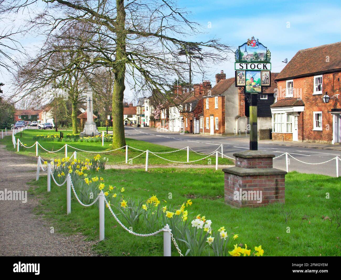 Vue printanière des années 1990 des fleurs de jonquille en fleur chez stock village avec panneau et maisons de campagne en face large herbe de bord de route Verge dans la zone rurale entre Chelmsford et Billericay dans les années 90 Image d'archive de notre façon d'être dans l'Essex Angleterre ROYAUME-UNI Banque D'Images