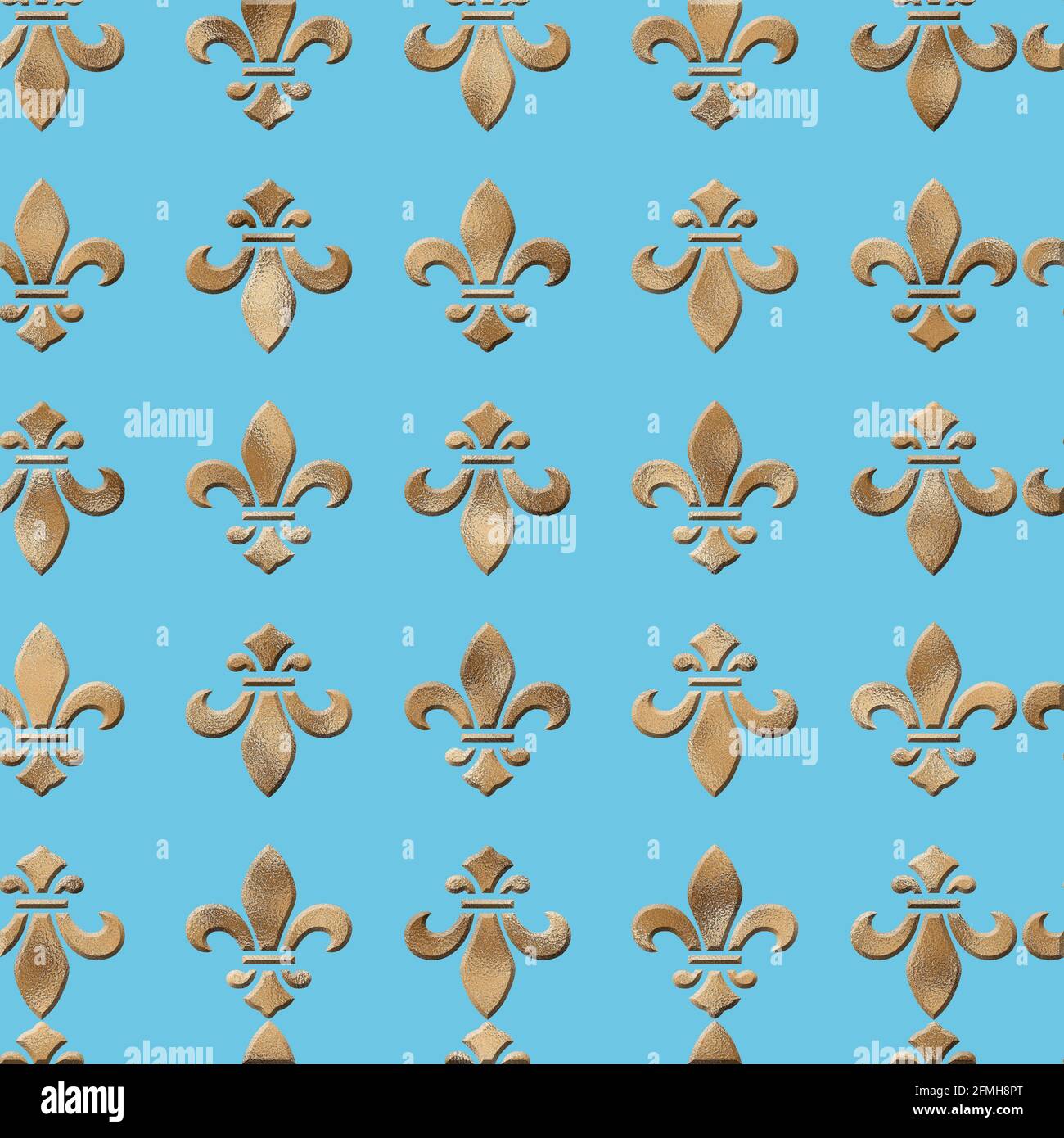 motif fleur de lis doré sans couture sur fond bleu turquoise. Design de luxe, imprimé, affiche, papier peint, emballage cadeau. Illustration 3D Banque D'Images