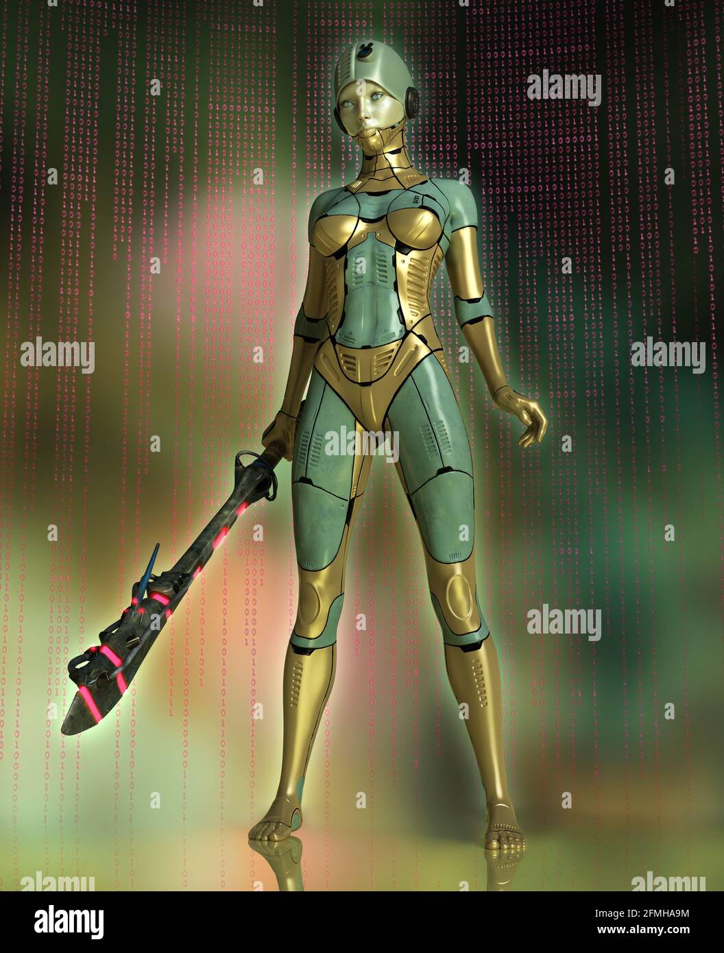 Graphismes en 3d d'un Cyborg avec un bâton futuriste Banque D'Images