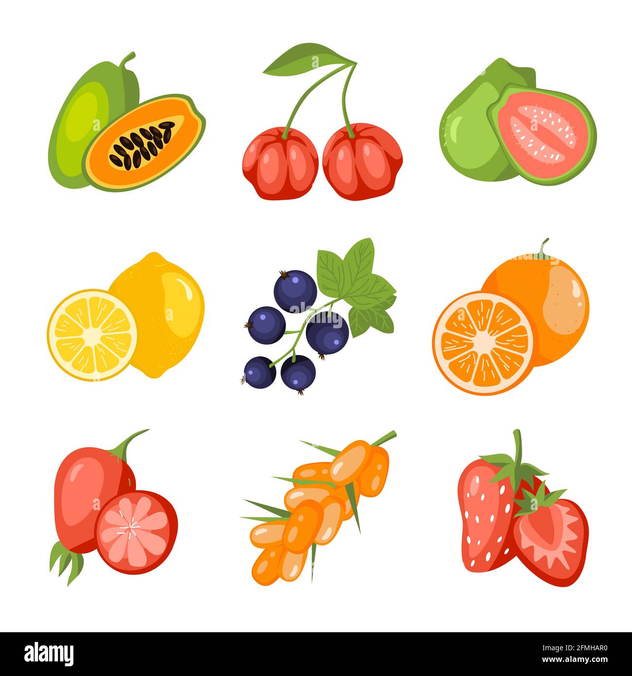 Ensemble d'icônes de dessin animé fruits et baies. Papaye, cerisier d'acérola, goyave, citron, cassis, orange, rosehip, argousier, fraise. Vitamine saine f Illustration de Vecteur