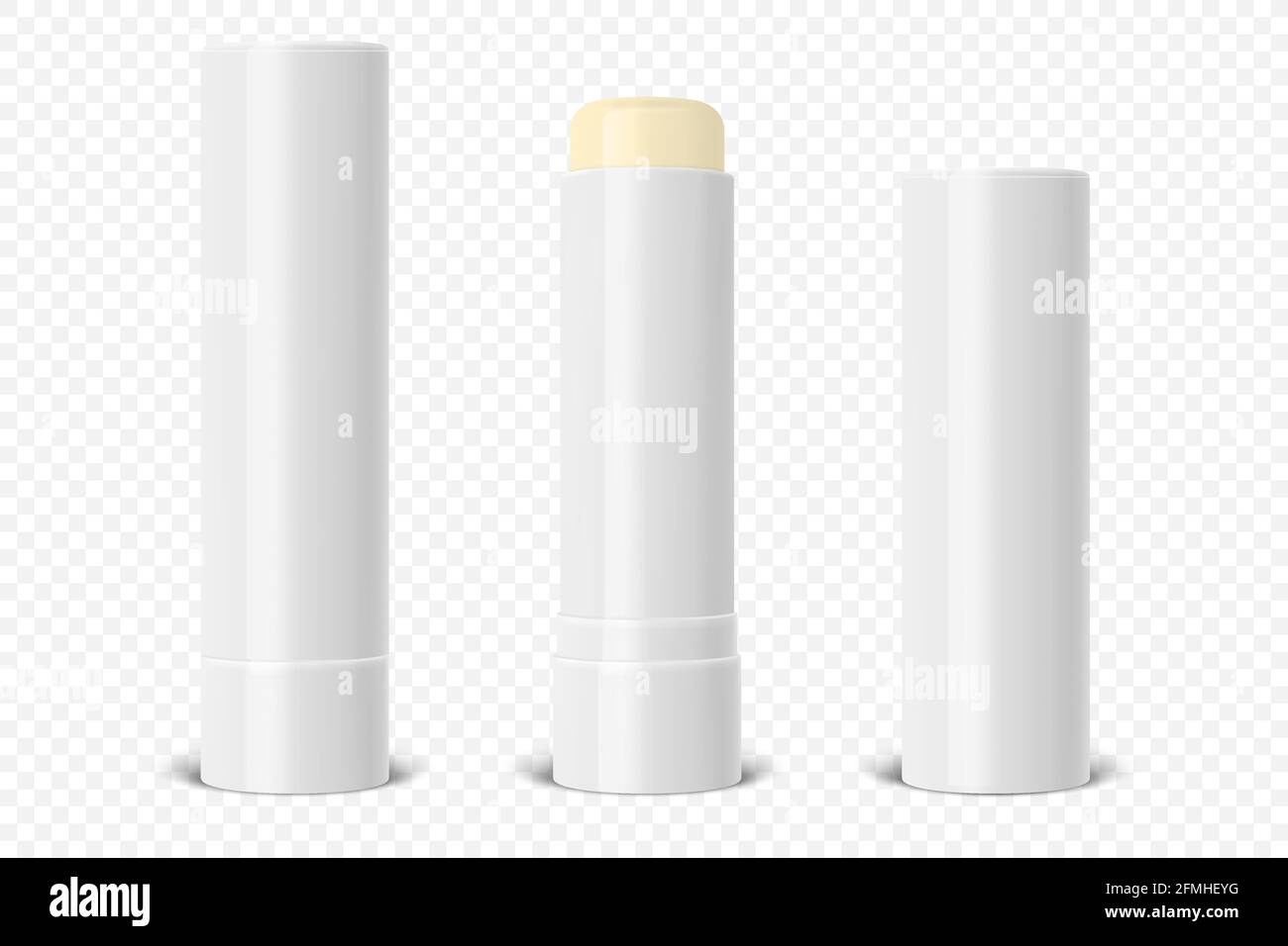 Vector Realistic 3d blanc blanc brillant fermé, ouvert lèvre Balm Stick, Hygienic Lipstick Set Closeup isolé. Modèle de conception pour les graphiques, Vector Illustration de Vecteur