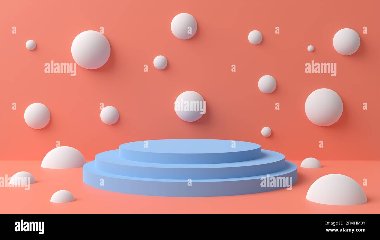 Illustration 3D d'un piédestal bleu sur fond orange. Banque D'Images