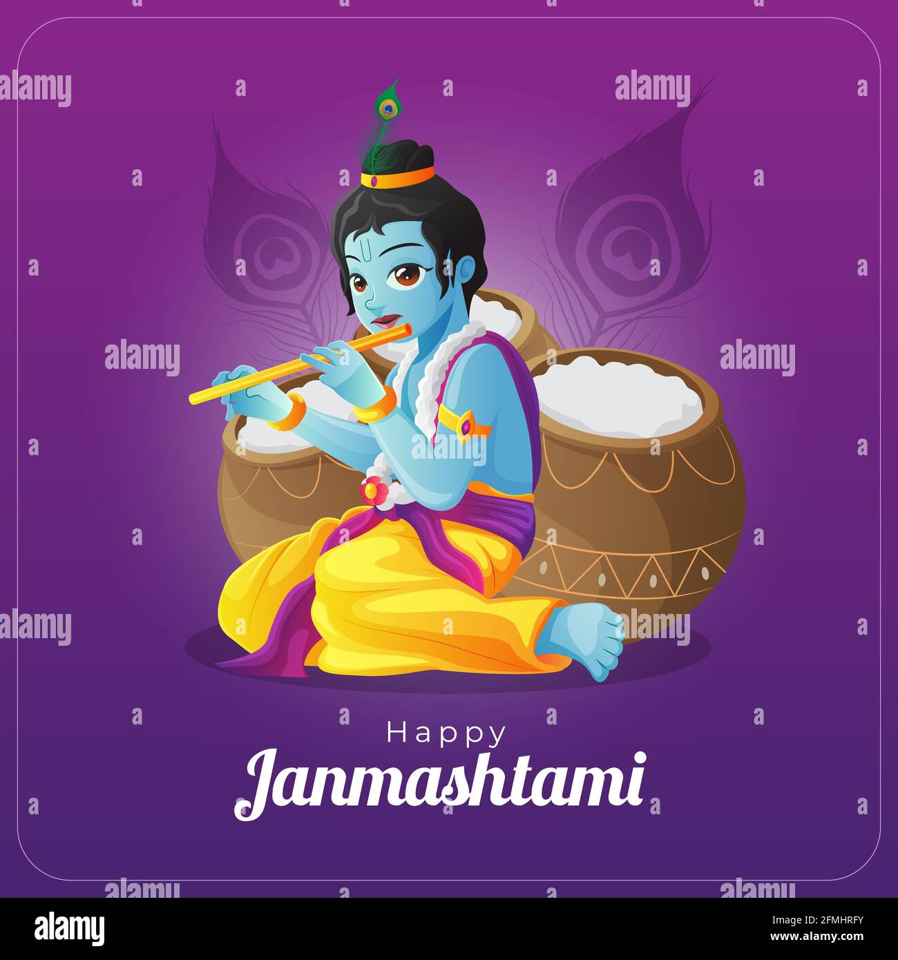 happy janmashtami vector carte de voeux avec lord krishna jouant la flûte devant les pots Illustration de Vecteur