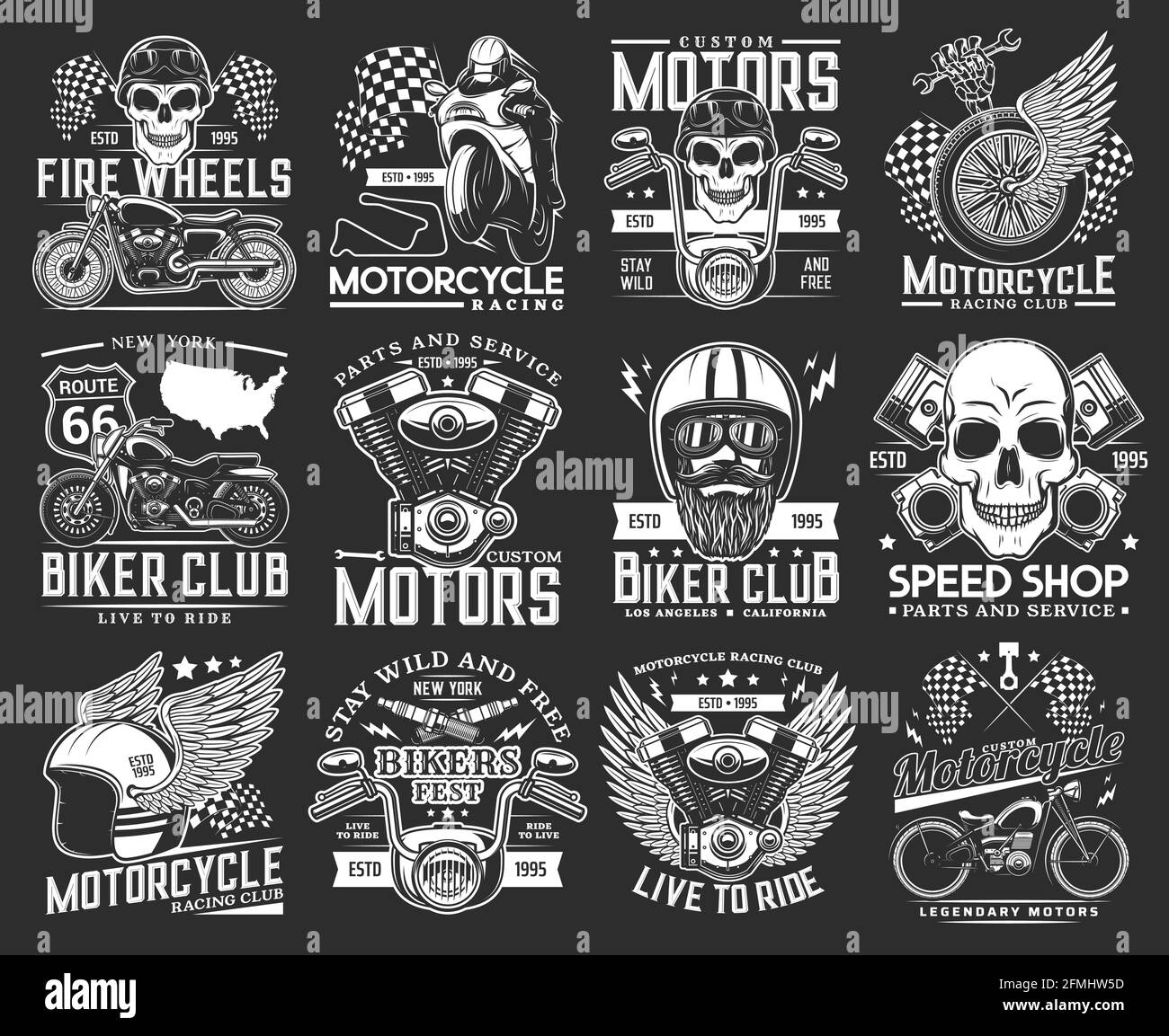 Les emblèmes du club de moto, les courses de moto et les courses de sport de course, les icônes vectorielles. Parcours du club de motards de New York et emblème de garage de chopper personnalisé, casque Illustration de Vecteur