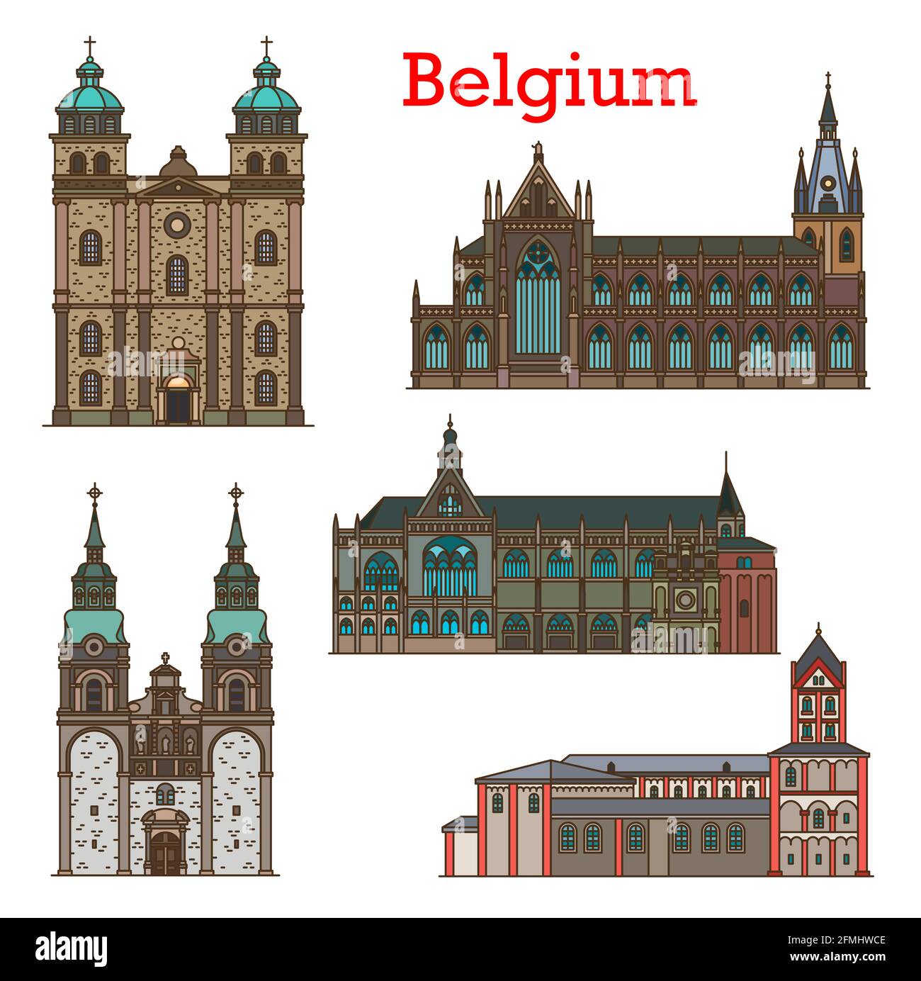 Monuments belges, cathédrale et église à Liège et Eupen, voyage en ville belge, icônes vectorielles. Architecture belge de St Nicholas, Eglise Saint-Parisoner Illustration de Vecteur