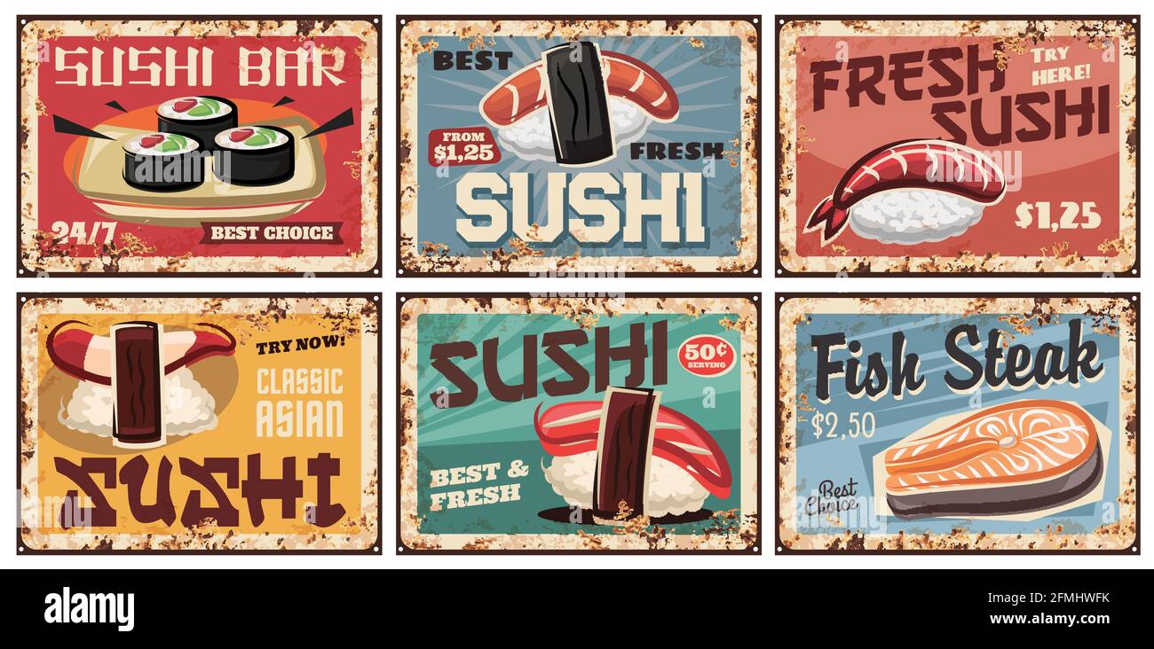 Assiettes de sushi en métal ou affiches rétro, cuisine japonaise et menu de bar. Sushis japonais et petits pains au saumon, crevettes ou calmars et algues nori avec f Illustration de Vecteur