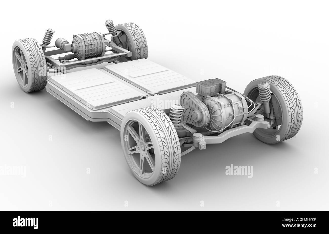 Rendu en argile du châssis du véhicule électrique avec deux moteurs et système de batterie. Image de rendu 3D. Banque D'Images