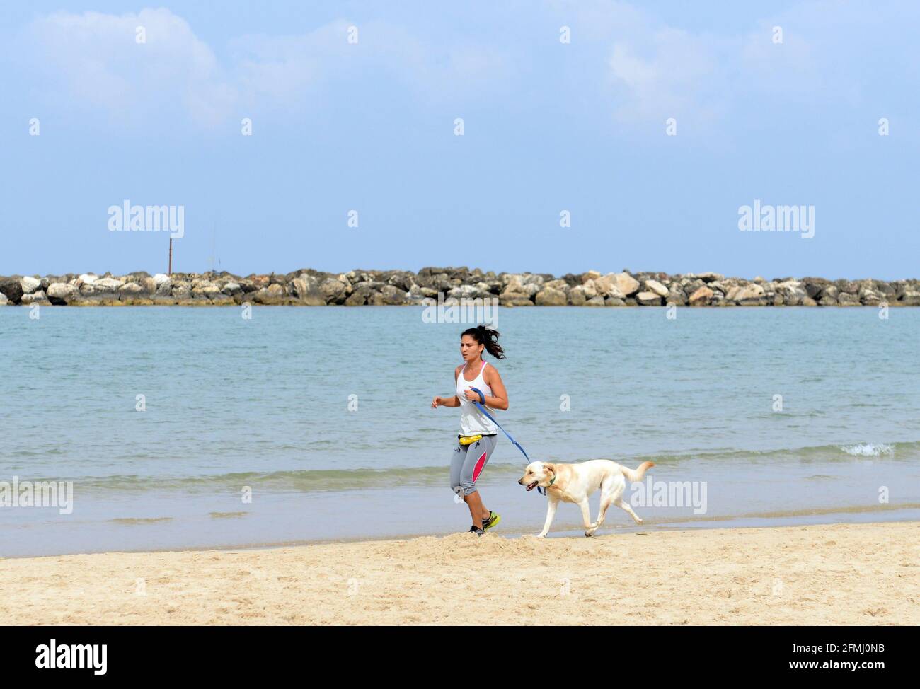 Une femme qui jogging avec son chien sur la belle plage de tel-Aviv. Banque D'Images