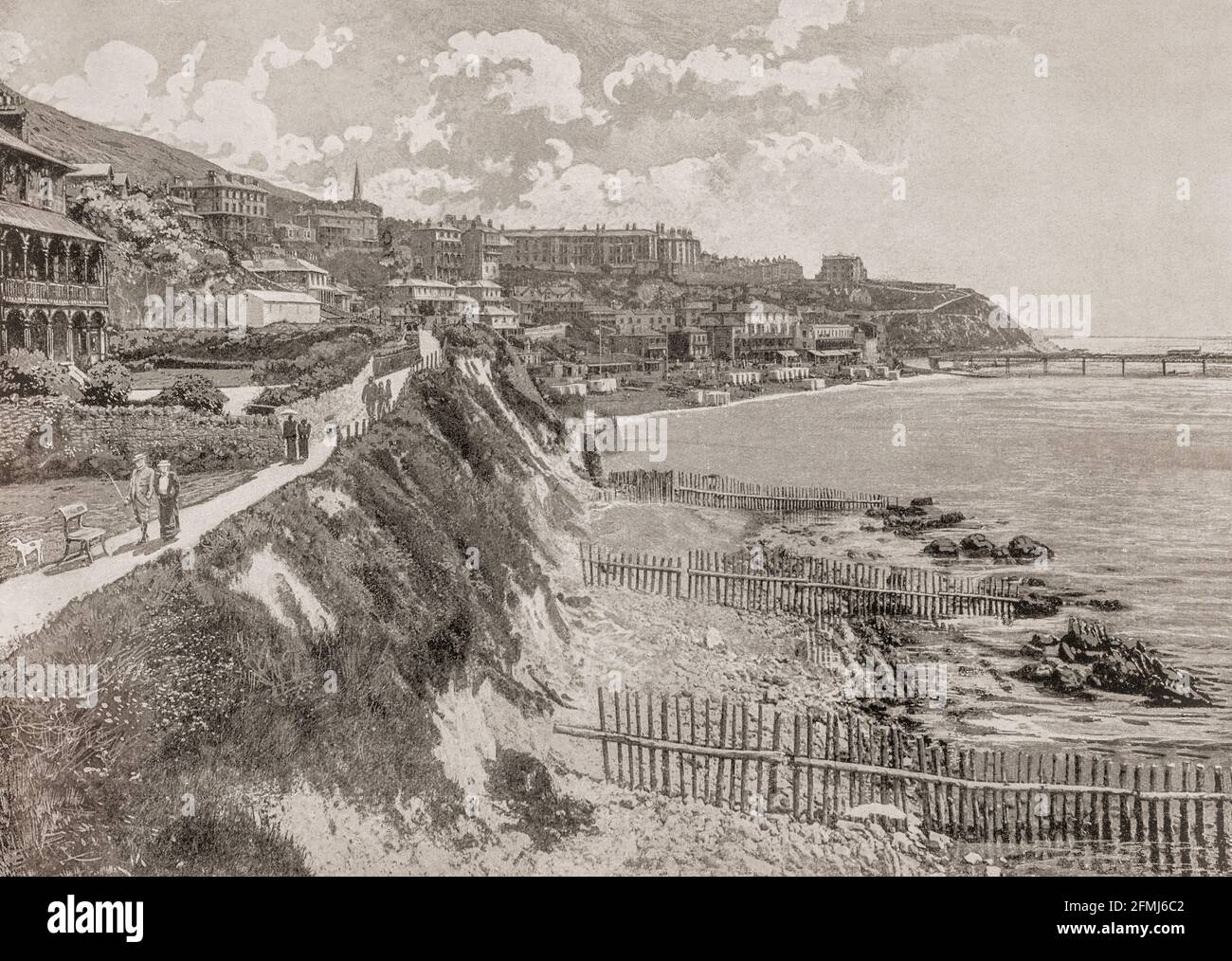 Vue de la fin du XIXe siècle sur Ventnor, station balnéaire et paroisse civile établie à l'époque victorienne sur la côte sud-est de l'île de Wight, en Angleterre. Situé sur des pentes abruptes menant à la mer. Ventnor est devenu extrêmement à la mode en tant que centre de santé et de vacances à la fin du XIXe siècle, décrit comme la « Méditerranée anglaise » et « le quartier de la mer ». Banque D'Images