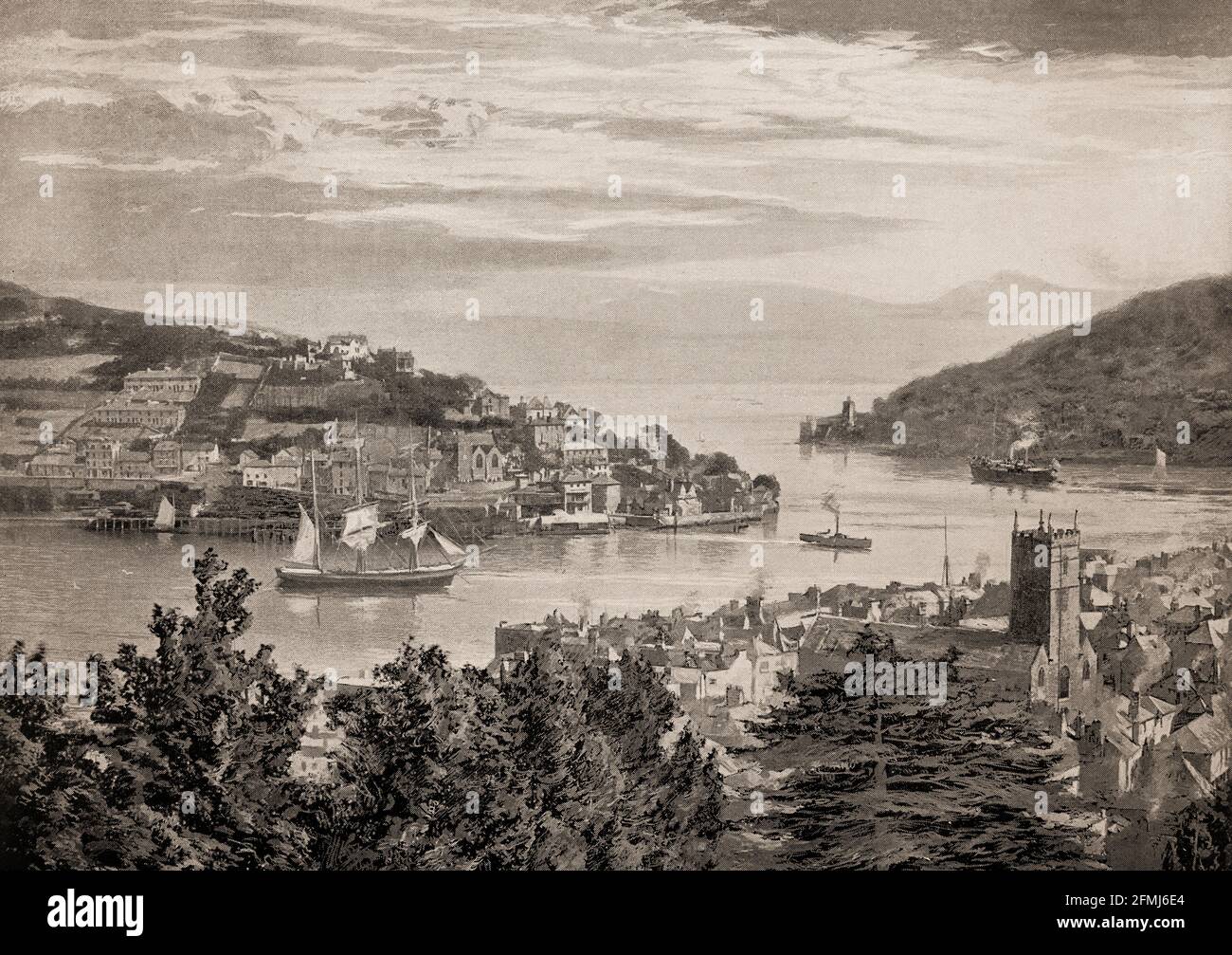 Vue de la fin du XIXe siècle sur la navigation dans la rivière Dart à Dartmouth, une ville du comté anglais de Devon. C'est une destination touristique située sur la rive ouest de l'estuaire de la rivière Dart, qui est une longue marée étroite ria qui coule à l'intérieur des terres jusqu'à Totnes. L'arrivée de bateaux à vapeur a conduit Dartmouth à être utilisé comme port de soute, le charbon étant introduit par bateau ou par train. Banque D'Images