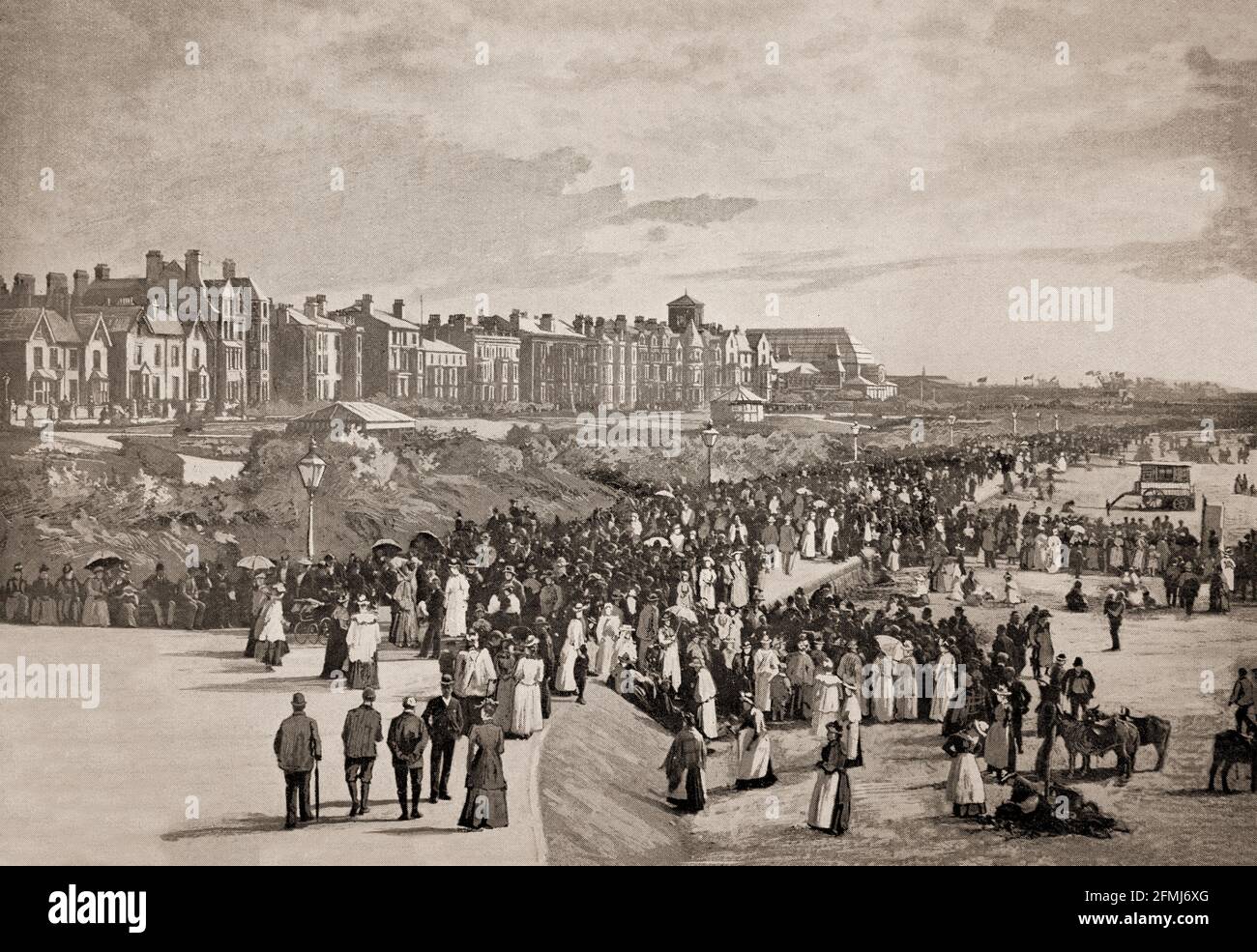 Vue de la fin du XIXe siècle sur le parc marin de Southport, partie historique du Lancashire, une grande station balnéaire de Merseyside, en Angleterre, fondée en 1792 lorsque William Sutton, un propriétaire de Churchtown. Au tournant du XIXe siècle, la région est devenue populaire auprès des touristes grâce à l'accès facile depuis le canal voisin de Leeds et Liverpool. La croissance rapide de Southport a largement coïncidé avec la révolution industrielle et l'ère victorienne. Banque D'Images