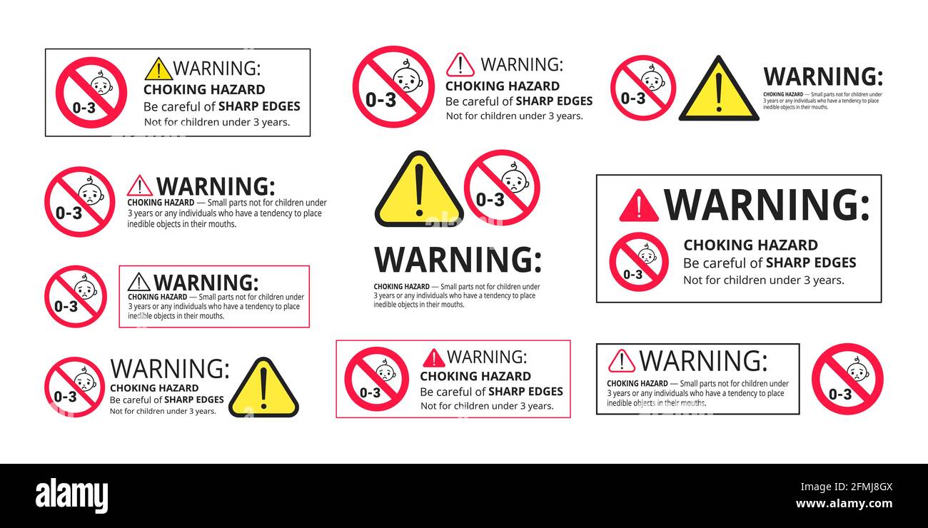 Autocollant du panneau d'avertissement d'étouffement interdit ne convient pas aux enfants de moins de 3 ans isolés sur fond blanc. Illustration de Vecteur