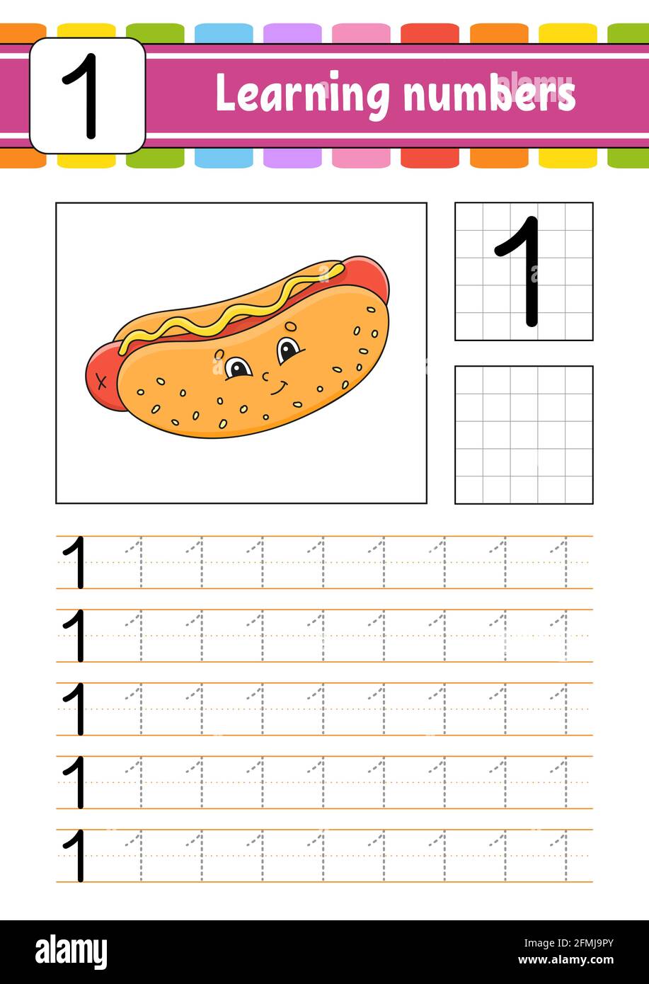 Numéro 1. Suivi et écriture. Pratique de l'écriture manuscrite. Numéros d'apprentissage pour les enfants. Feuille de travail de développement de l'éducation. Page activité. Illustratio vectoriel isolé Illustration de Vecteur