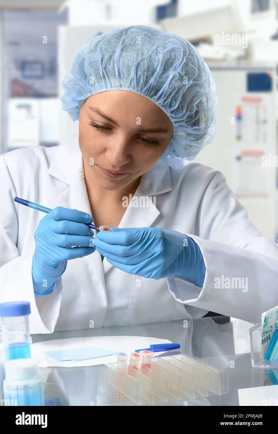 Pharma femme TECH travaille en laboratoire. Jeune femme caucasienne dans des gants de protection, un chapeau et une blouse blanche échantillon de pipettes dans un flacon. Intérieur du laboratoire Banque D'Images