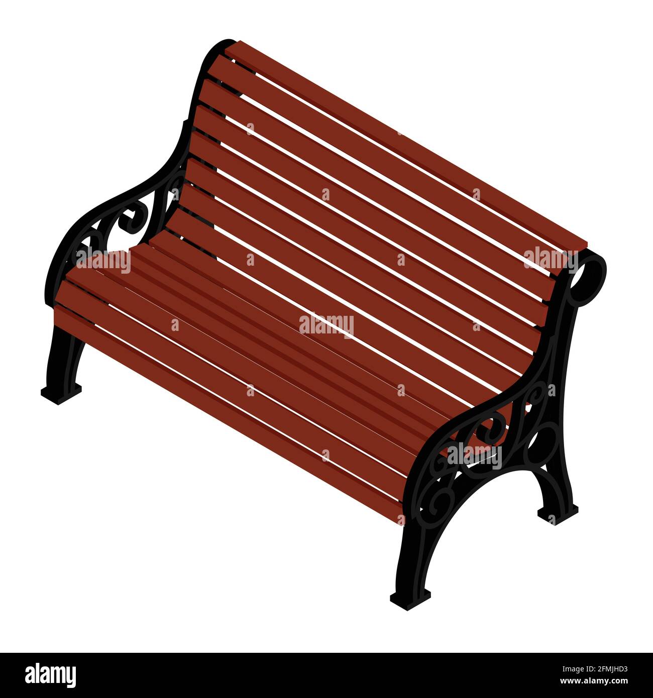 Banc en bois brun avec pieds et accoudoirs décoratifs en métal, isolés sur fond blanc. Vue isométrique. Vecteur Illustration de Vecteur