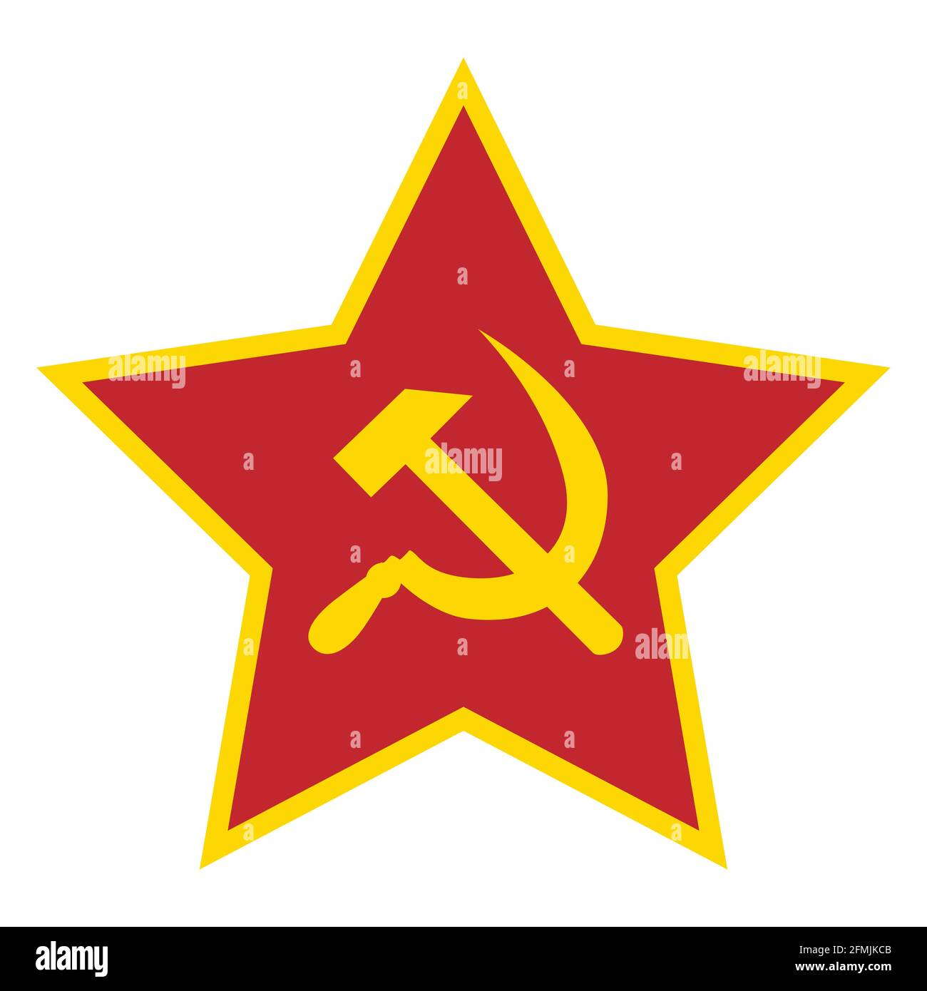 Illustration vectorielle rouge cinq étoiles pointues avec bordure dorée, marteau et faucille à l'intérieur isolés sur fond blanc. Symbole URSS Illustration de Vecteur