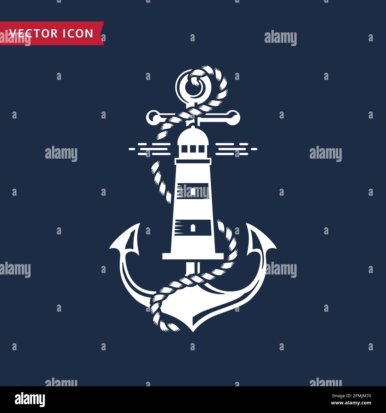 Emblème nautique avec ancre, phare et corde. Design élégant pour t-shirt, étiquette marine ou poster. Élément blanc isolé sur fond bleu marine. Illustration de Vecteur