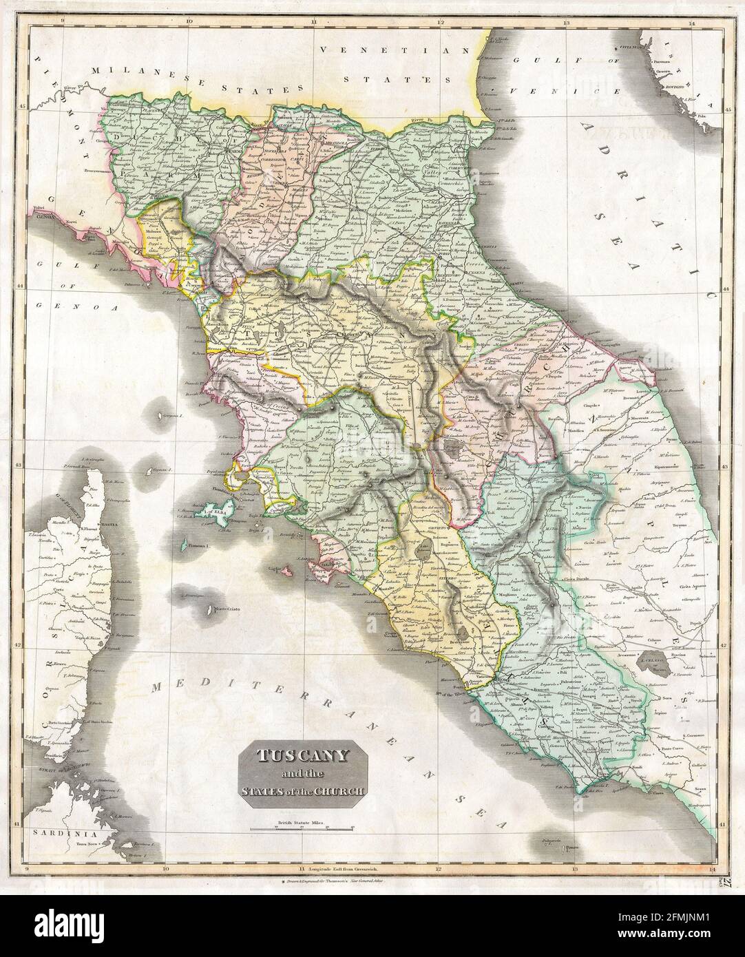 Carte ancienne de Toscane gravée en cuivre du XIXe siècle. Toutes les cartes sont magnifiquement colorées et illustrées montrant le monde à l'époque. Banque D'Images