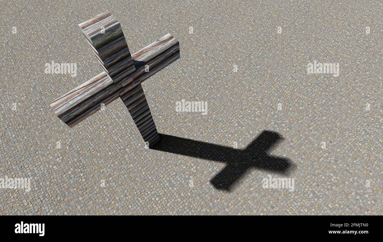 Concept ou concept de bois de la croix sur un fond de chaussée de pierre. métaphore de l'illustration 3d pour Dieu, Christ, Christianisme, religieux, foi, saint Banque D'Images