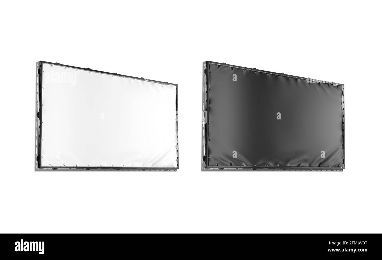 Rectangle noir et blanc vierge qui étire la maquette du cadre de la bande, rendu 3d. Grand bandeau de gripbanner vide pour maquette publicitaire, isolé, vue latérale. Effacer Banque D'Images