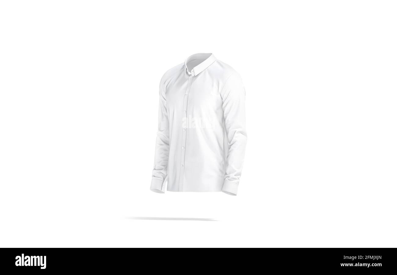 Maquette de chemise classique blanc vierge, vue latérale, rendu 3d. Vide habillé hommes vêtements avec manches longues et col mockup, isolé. Tissu transparent bleux Banque D'Images