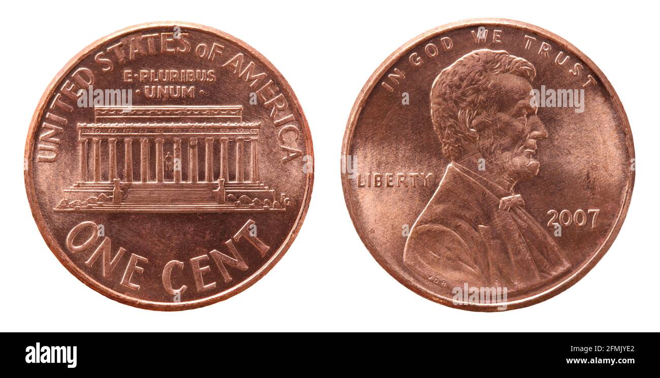 L'inverse et l'inverse de 2007 cent cuivre US pièce isolé sur fond blanc Banque D'Images