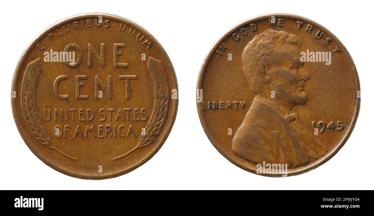 L'inverse et l'inverse de 1945 cent cuivre US pièce isolé sur fond blanc Banque D'Images