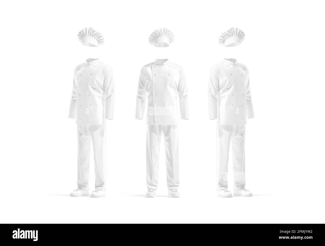 Maquette d'uniforme de chef blanc vierge, vue avant et latérale, rendu 3d. Costume de protection vide avec veste et maquette de toque, isolé. Clair professionnel Banque D'Images