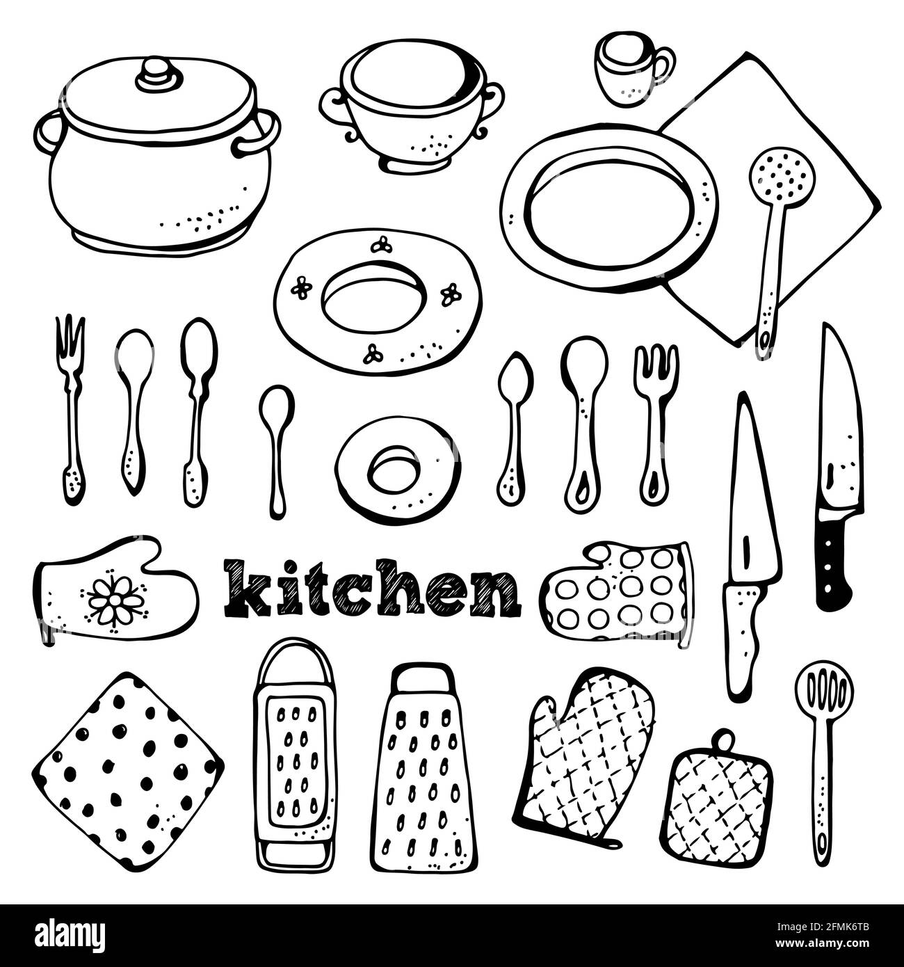 Ensemble vectoriel de cuisine, collection d'objets de cuisine dessinés à la main isolés sur fond blanc Illustration de Vecteur