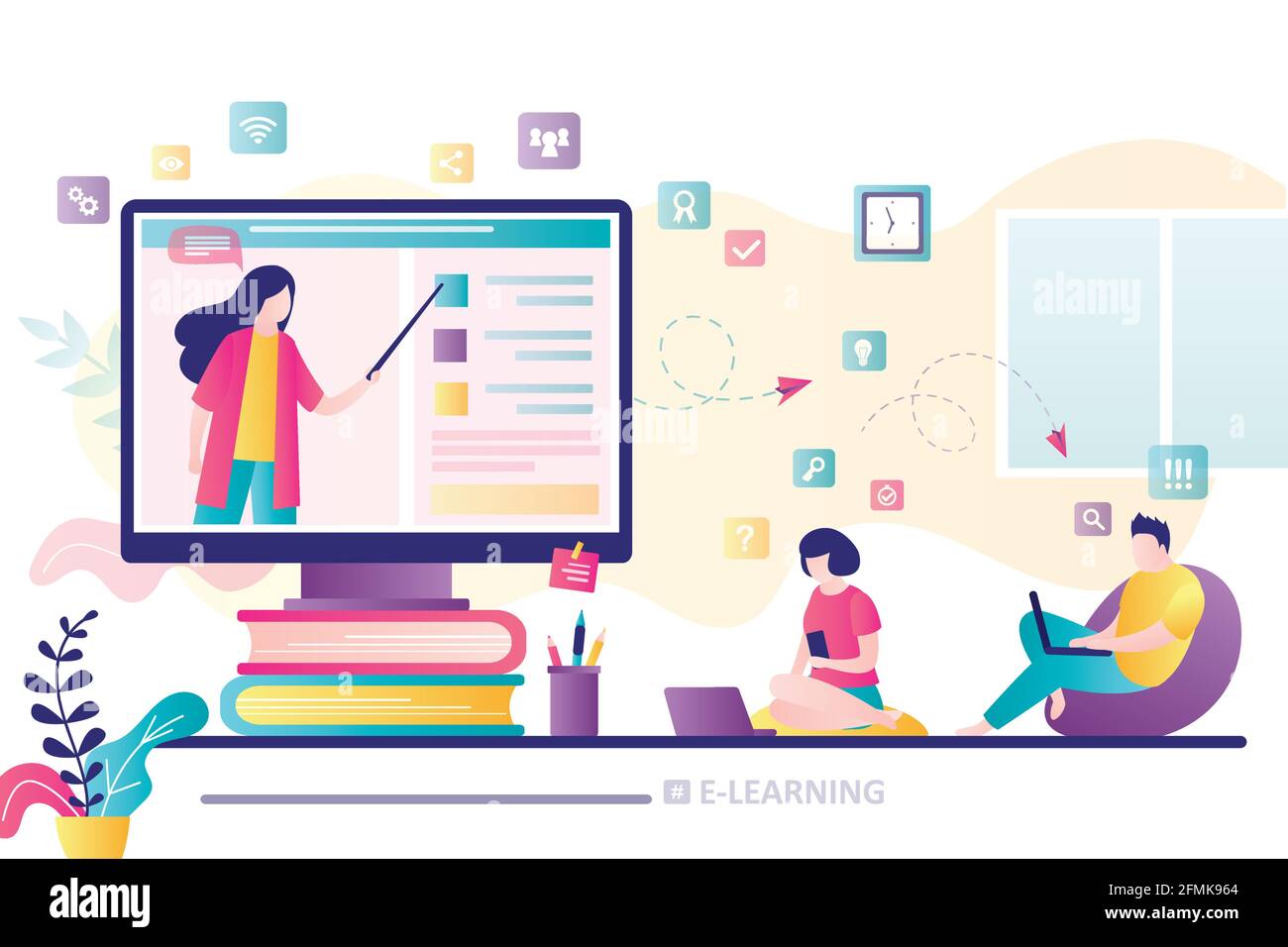 Bannière e-learning. Éducation en ligne, enseignement à domicile. Femme enseignante sur l'écran du moniteur. Groupe d'étudiants en enseignement à distance. Cours ou didacticiels Web Illustration de Vecteur