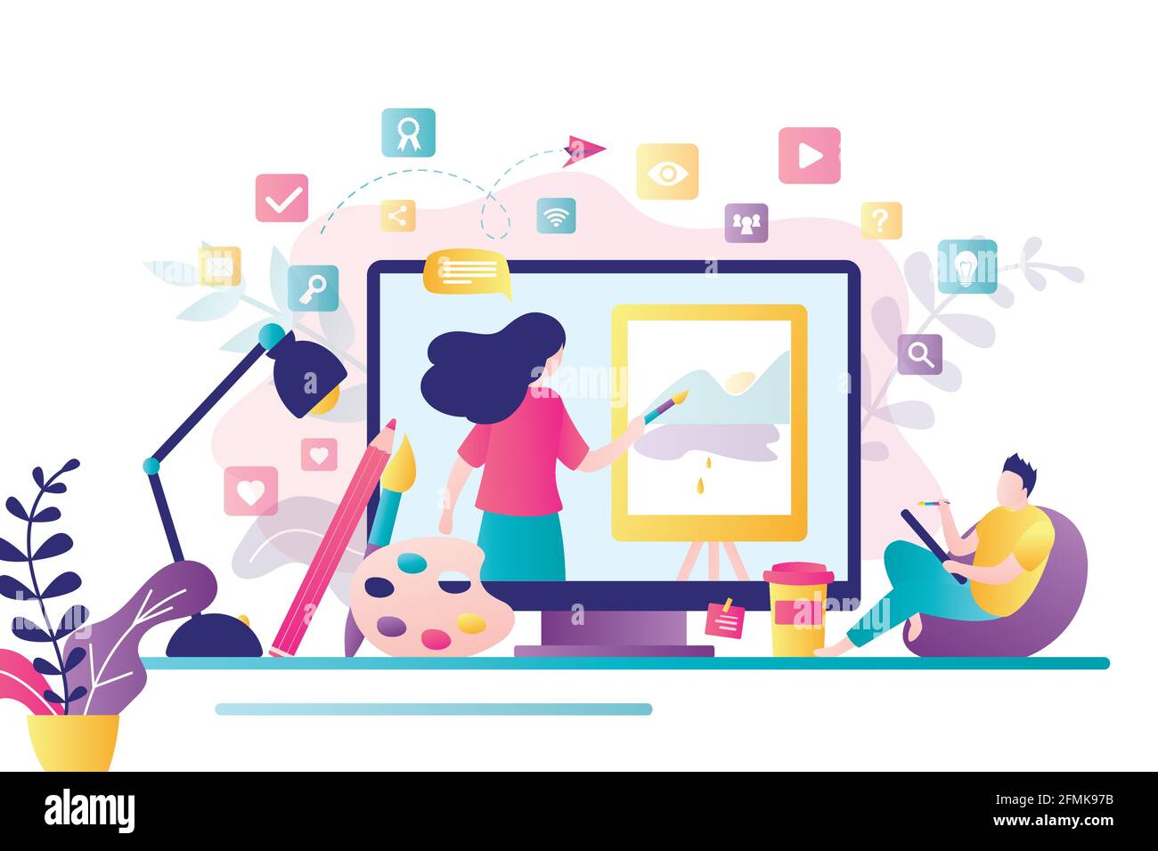 Cours d'art en ligne. E-learning, enseignement à distance. Didacticiels et cours en ligne. Femme enseignante d'art à l'écran et élève de sexe masculin avec brosse. Leçons de dessin Illustration de Vecteur