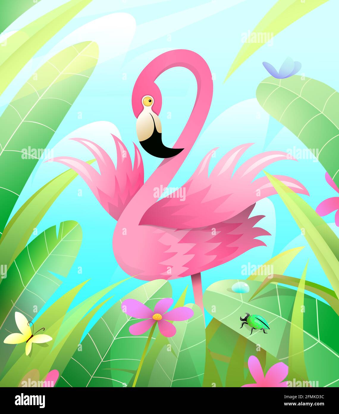 Rose Flamingo dans Green nature Cartoon pour enfants Illustration de Vecteur